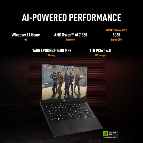 ASUS TUF Gaming A14 14″ 165Hz Gaming Laptop Copilot+ PC, AMD Ryzen™ AI 7 350, 16GB RAM, NVIDIA® GeForce RTX™ 5060, 1TB SSD, Jaeger Gray
