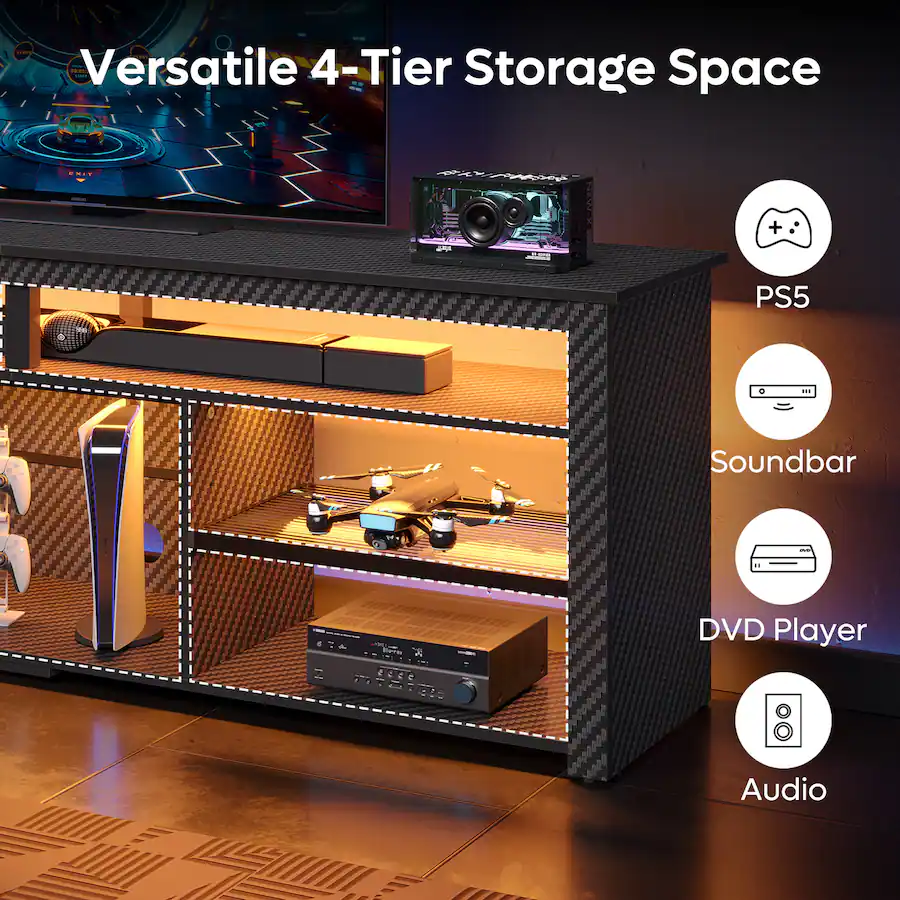 Bestier 70 inch Gaming TV Stand with Open Storage LED Entertainment Center for TVs up to 80 inch Black — Black