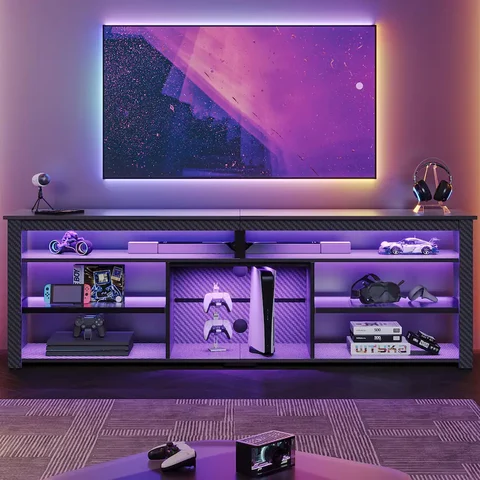 Bestier 70 inch Gaming TV Stand with Open Storage LED Entertainment Center for TVs up to 80 inch Black