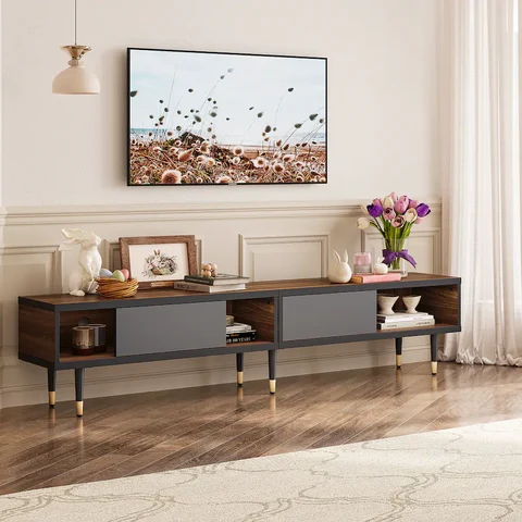 Bestier 80 inch TV Stand with Sliding Doors Entertainment Center Storage Cabinet for TVs up to 85 Mid Century Modern Dark Brown