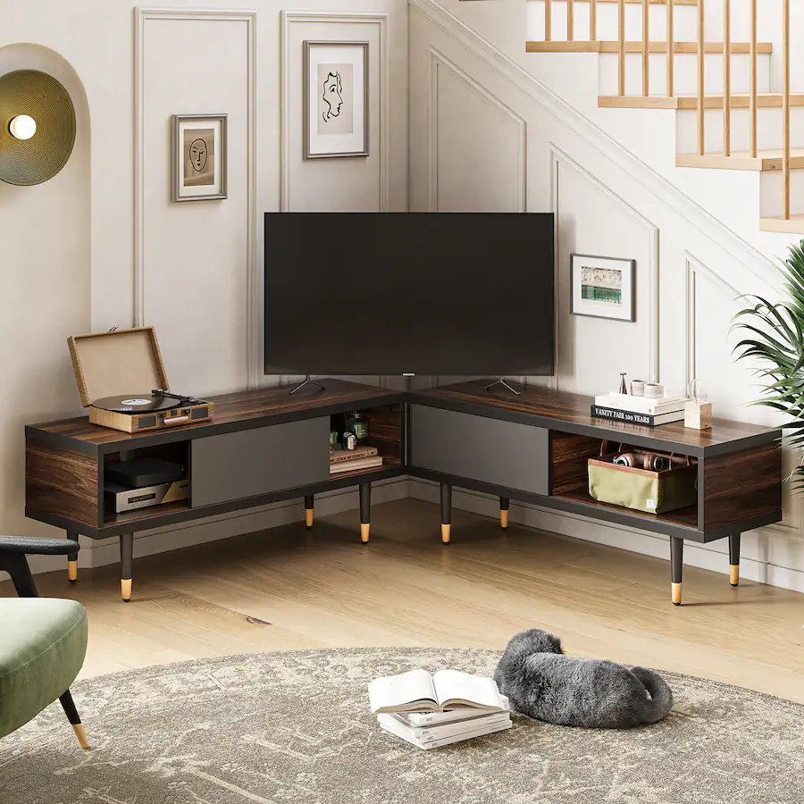 Bestier 80 inch TV Stand with Sliding Doors Entertainment Center Storage Cabinet for TVs up to 85 Mid Century Modern Dark Brown — Dark Brown