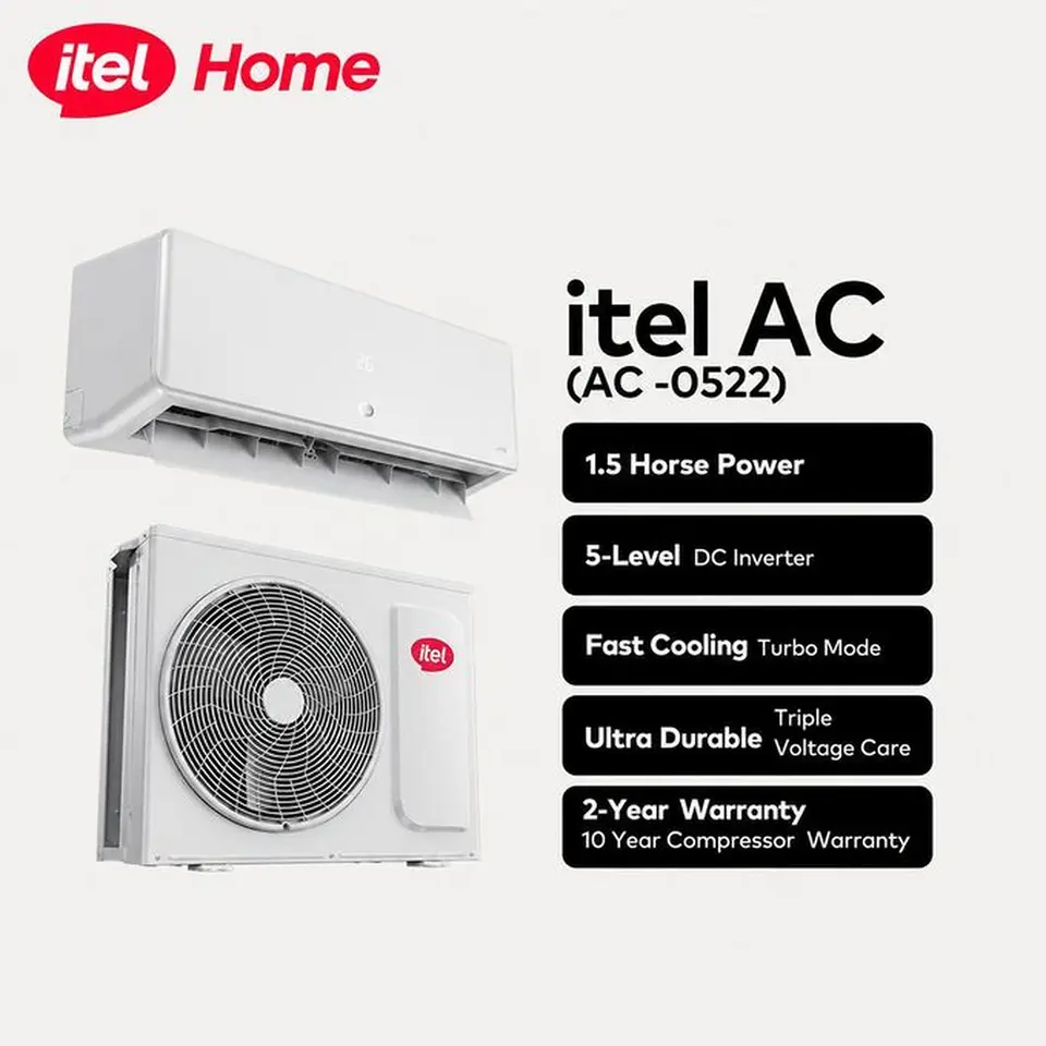 itel 1.5HP Inverter Split Air Conditioner (12,000 BTU) | 5-Level DC Inverter, 145–265V Inbuilt Stabilizer & 10-Year Compressor Warranty — main product image