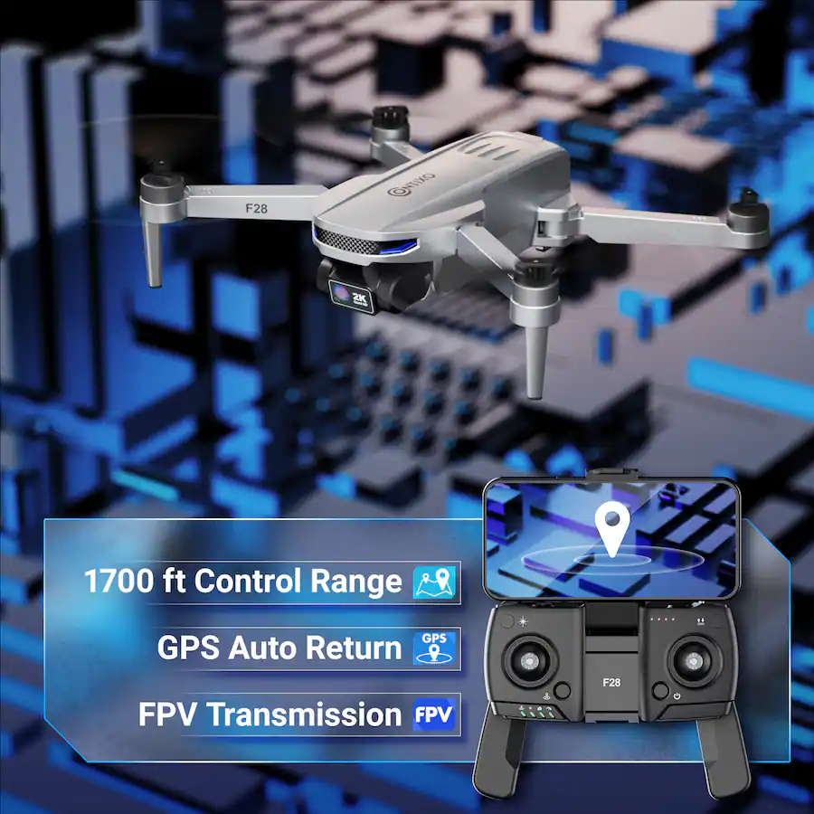 Contixo F28 Stratus 2K GPS Drone with Intelligent Flight Modes, 26‑Min Flight, Brushless Motors & Carrying Case, Silver — Silver