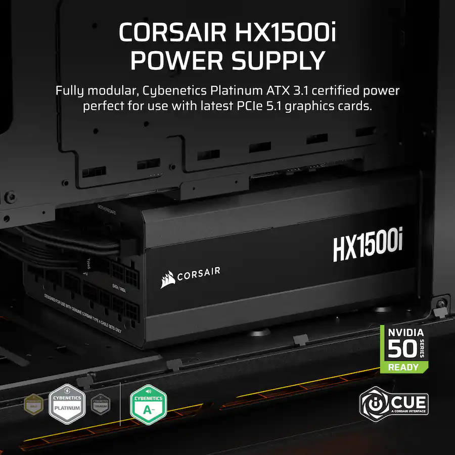 CORSAIR HXi Series HX1500i 80 PLUS Platinum Fully Modular Ultra-Low Noise ATX 3.1 & PCIe 5.1 Power Supply, Black