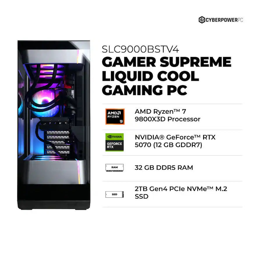 CyberPowerPC Gaming Desktop – AMD Ryzen 7 9800X3D, NVIDIA GeForce RTX 5070 12GB, 32GB DDR5 Memory, 2TB SSD, Black — Black