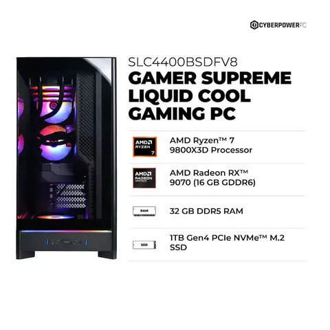 CyberPowerPC Gaming Desktop (AMD Ryzen 7 9800X3D, Radeon RX 9070 16GB, 32GB DDR5, 1TB SSD, Black)