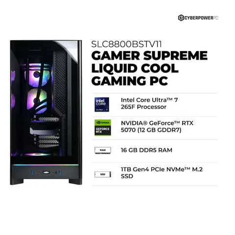 CyberPowerPC Gaming Desktop (Intel Core Ultra 7 265F, NVIDIA GeForce RTX 5070 12GB, 16GB DDR5, 1TB SSD, Black)