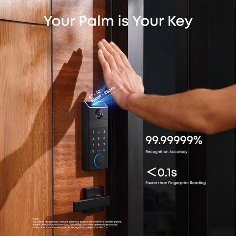 eufy FamiLock S3 Max Wi‑Fi Replacement Deadbolt with 2K Video Doorbell and Palm Scanner, Gray