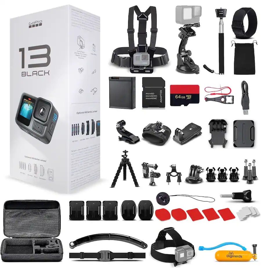 GoPro HERO13 Waterproof Action Camera 64GB Card and 50 Piece Accessory Kit Black