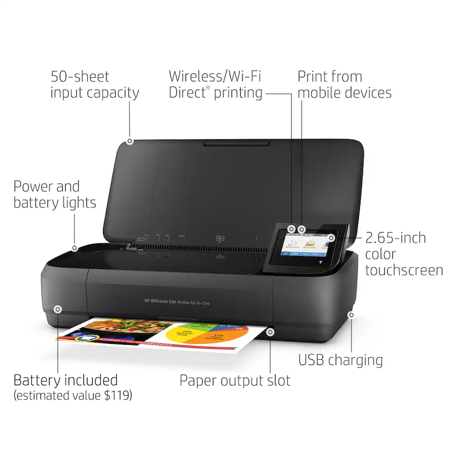 HP OfficeJet 250 Mobile Wireless All-in-One Inkjet Printer, Black — Black