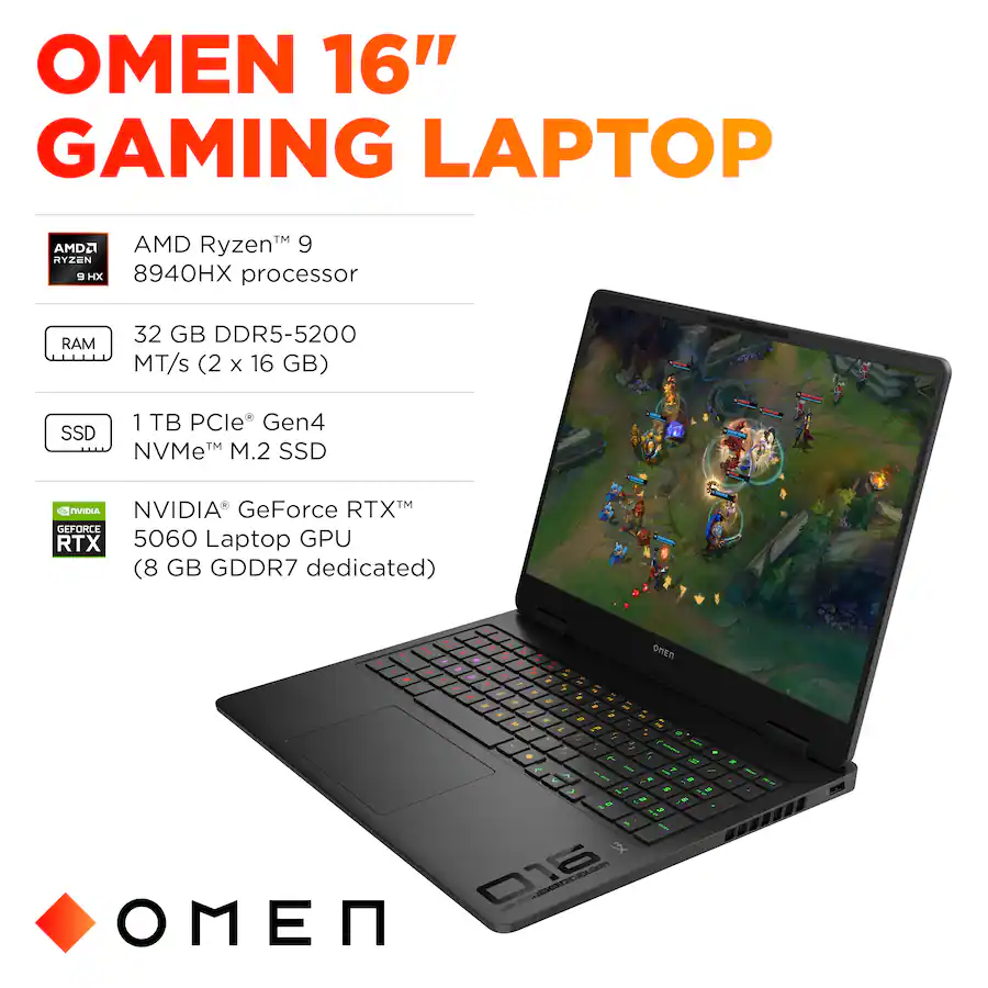 HP OMEN 16 2K 144Hz Gaming Laptop AMD Ryzen 9 8940HX, RTX 5060, 32GB DDR5 Memory, 1TB SSD, Shadow Black — Shadow Black