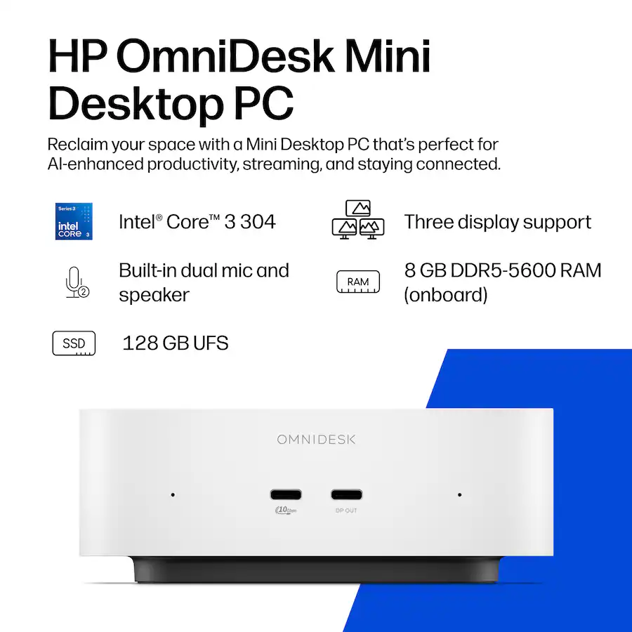HP OmniDesk Mini PC, Intel Core 3 304, 8GB Memory, 128GB Storage, Cashmere White — Cashmere White