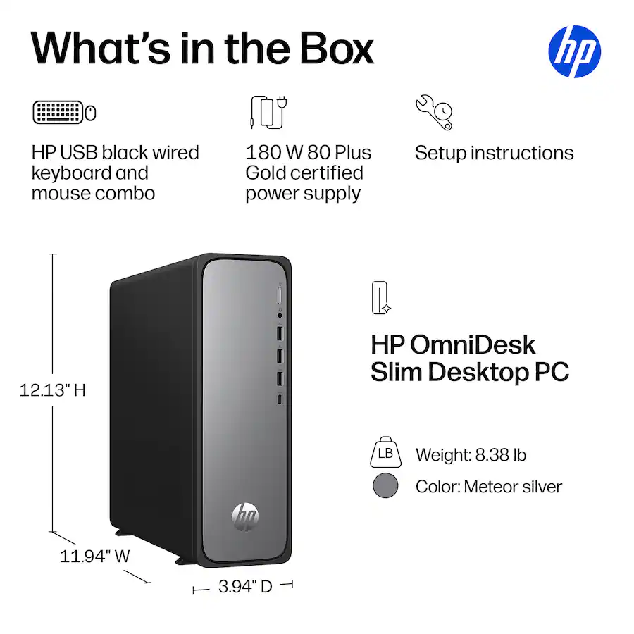 HP OmniDesk Slim Desktop, Intel Processor 300, 8GB DDR5, 256GB SSD, Meteor Silver — Meteor Silver