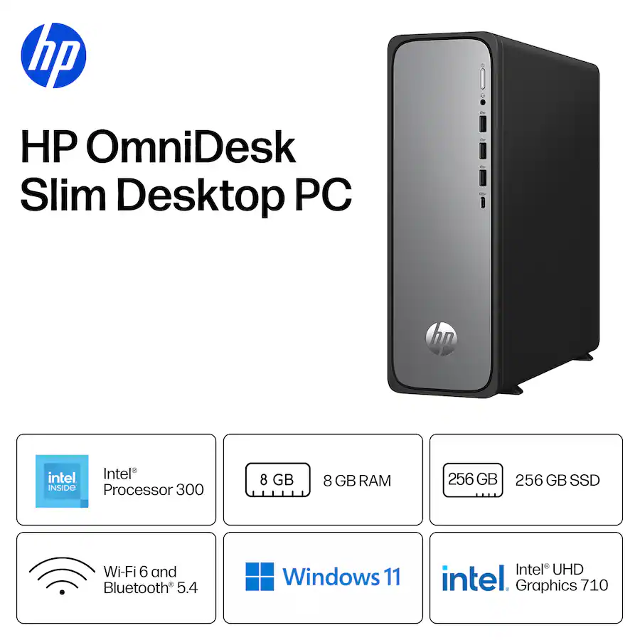 HP OmniDesk Slim Desktop, Intel Processor 300, 8GB DDR5, 256GB SSD, Meteor Silver — Meteor Silver