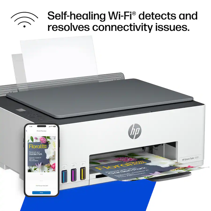 HP Smart Tank 5101 Wireless AI-Enabled All-in-One Cartridge-Free Supertank Inkjet Printer, White — White