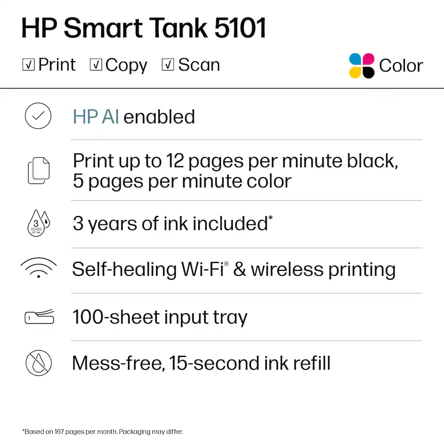 HP Smart Tank 5101 Wireless AI-Enabled All-in-One Cartridge-Free Supertank Inkjet Printer, White — White