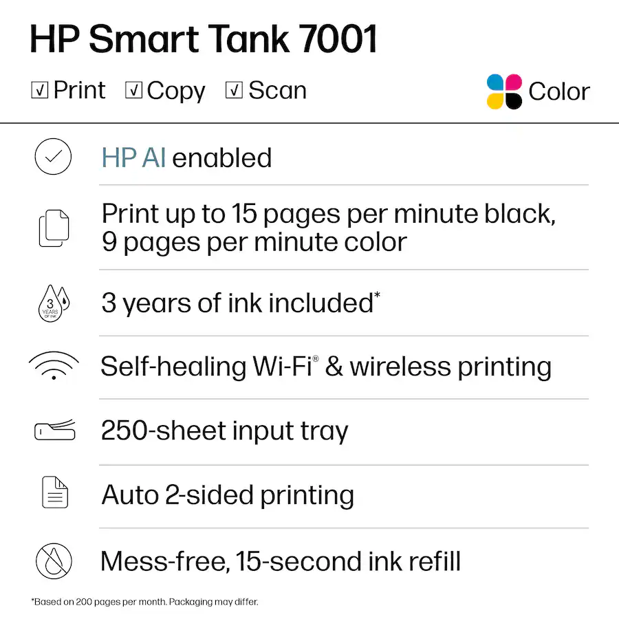 HP Smart Tank 7001 Wireless All-in-One Supertank Inkjet Printer, White/Slate — White & Slate