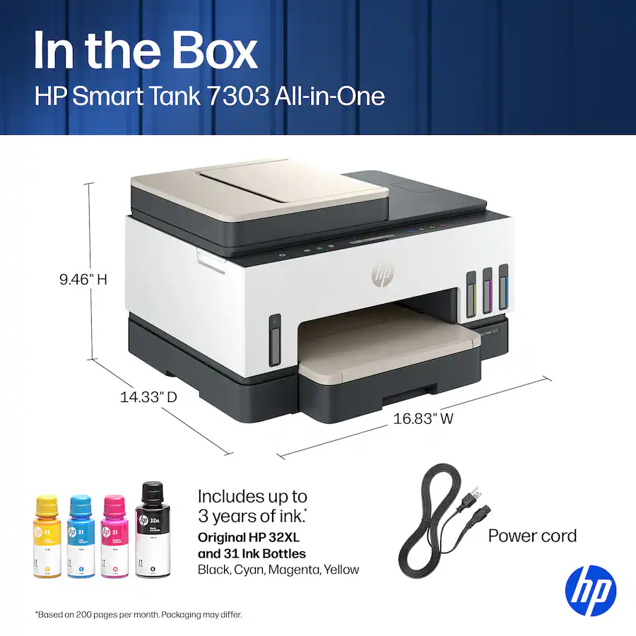 HP Smart Tank 7303 Wireless All-in-One AI-Enabled Cartridge-Free Supertank Inkjet Printer, White — White