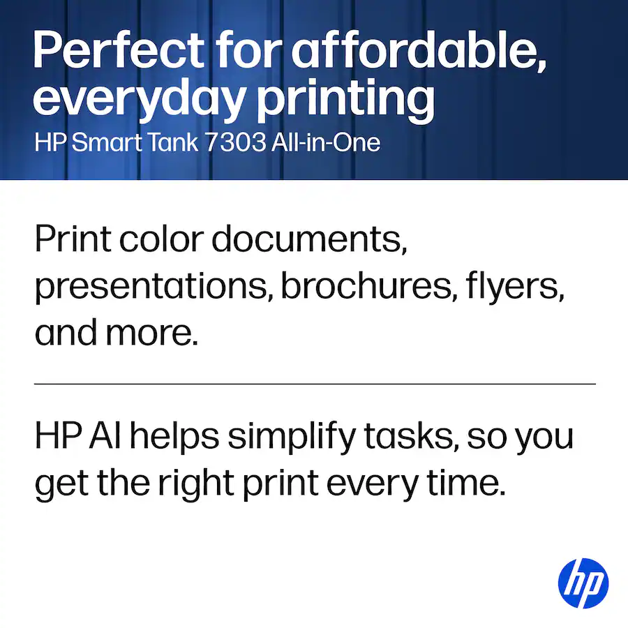 HP Smart Tank 7303 Wireless All-in-One AI-Enabled Cartridge-Free Supertank Inkjet Printer, White — White