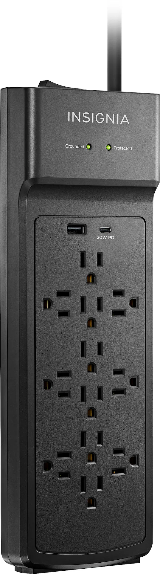Insignia™ 12‑Outlet Surge Protector Strip with USB‑C & USB, 3,600 Joules, Black — Black