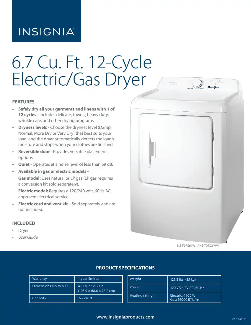 Insignia™ 6.7 cu. ft. Electric Dryer with Sensor Dry, White — White