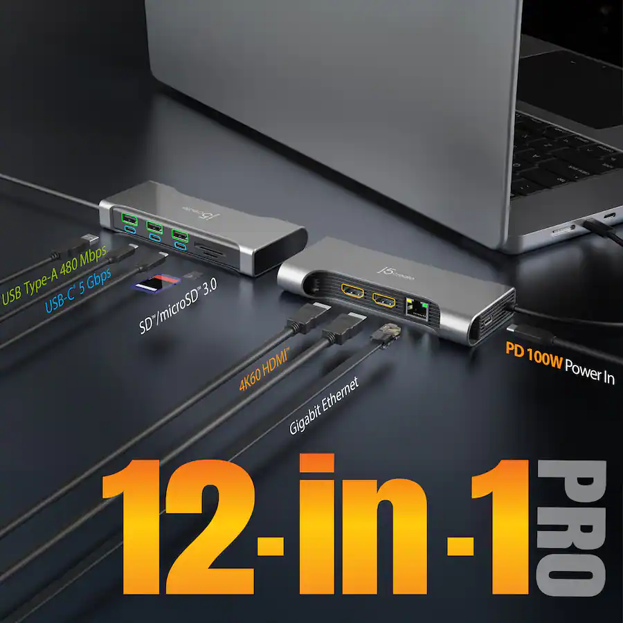 j5create Flexible Ports USB-C Pro 12-in-1 Dual 4K60 HDMI Hub, Space Gray — Space Gray