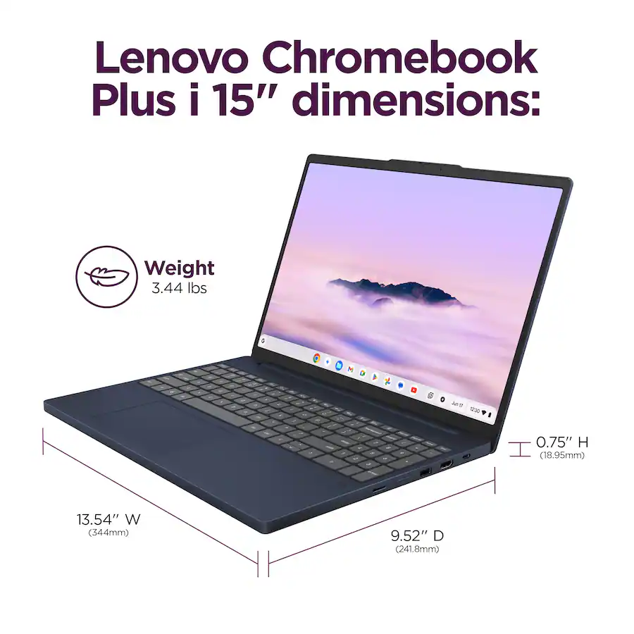 Lenovo Chromebook Plus 15.3″ 2K Touchscreen Laptop (2025), Intel® Core™ 3 Processor N355, 8GB Memory, 128GB UFS, Cosmic Blue — Cosmic Blue