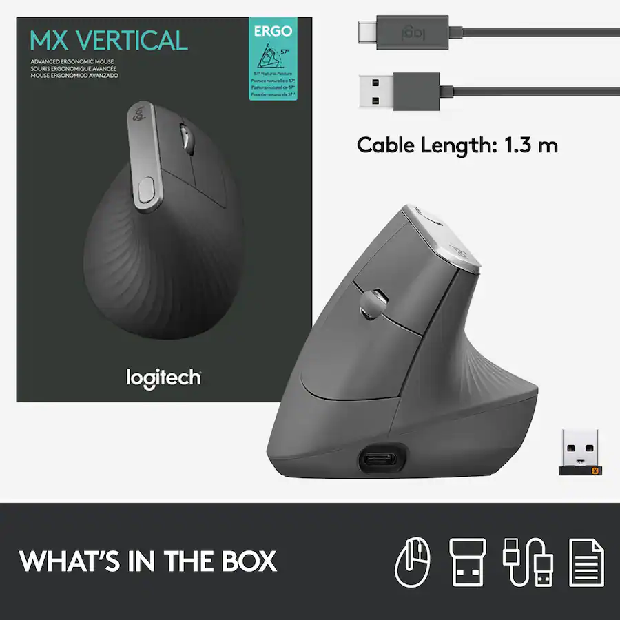Logitech MX Vertical Advanced Wireless Ergonomic Mouse, Graphite — Graphite