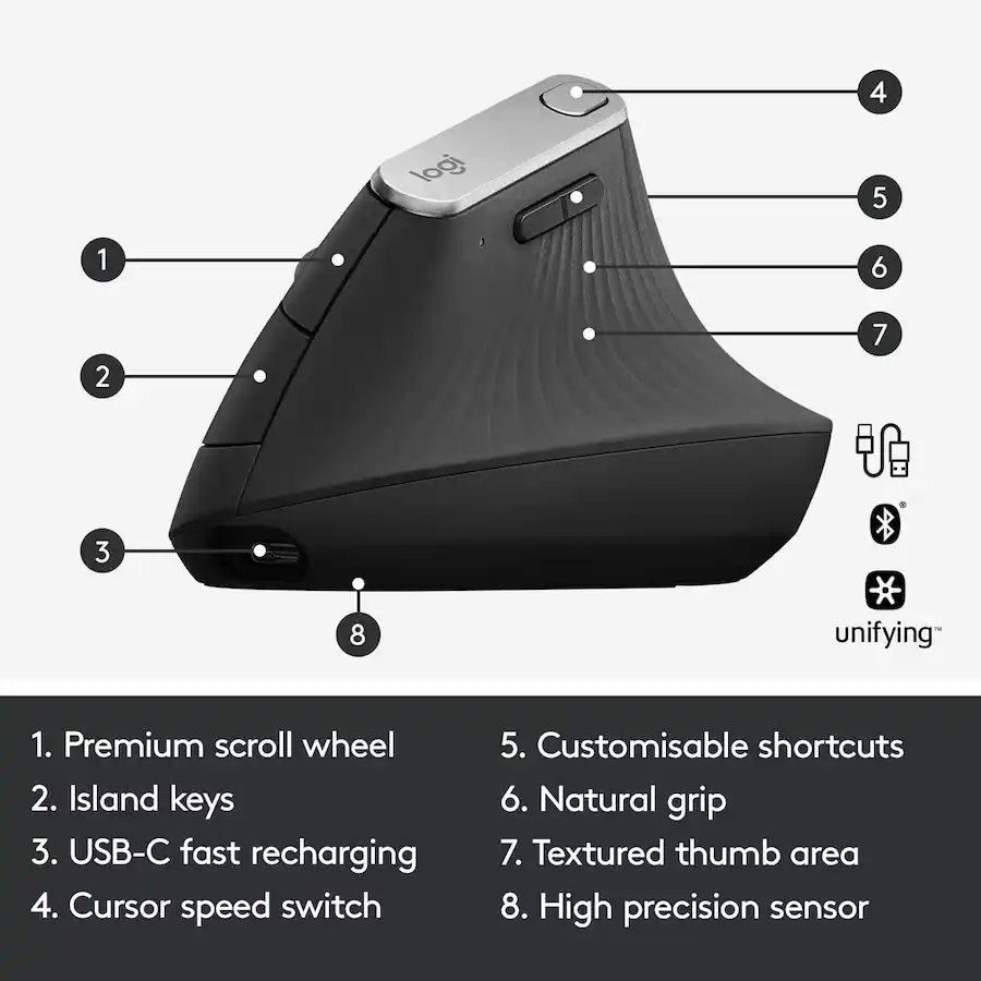Logitech MX Vertical Advanced Wireless Ergonomic Mouse, Graphite — Graphite