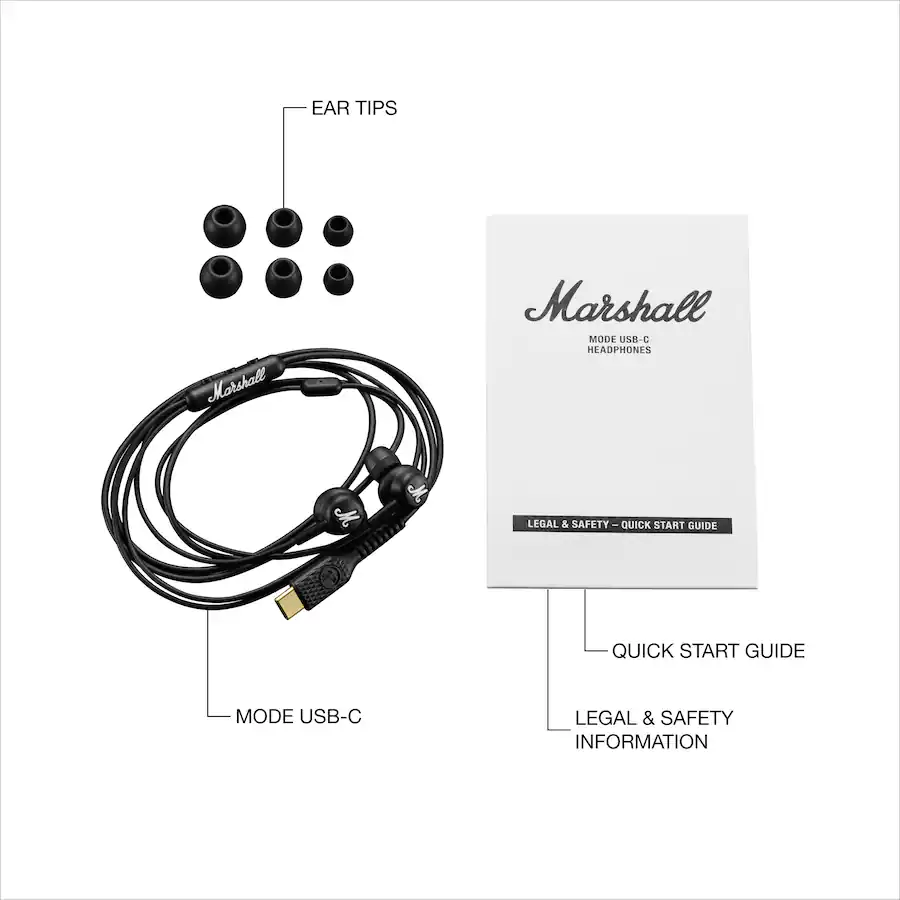 Marshall Mode USB‑C In‑Ear Wired Earbuds with Built‑In Microphone, Black — Black