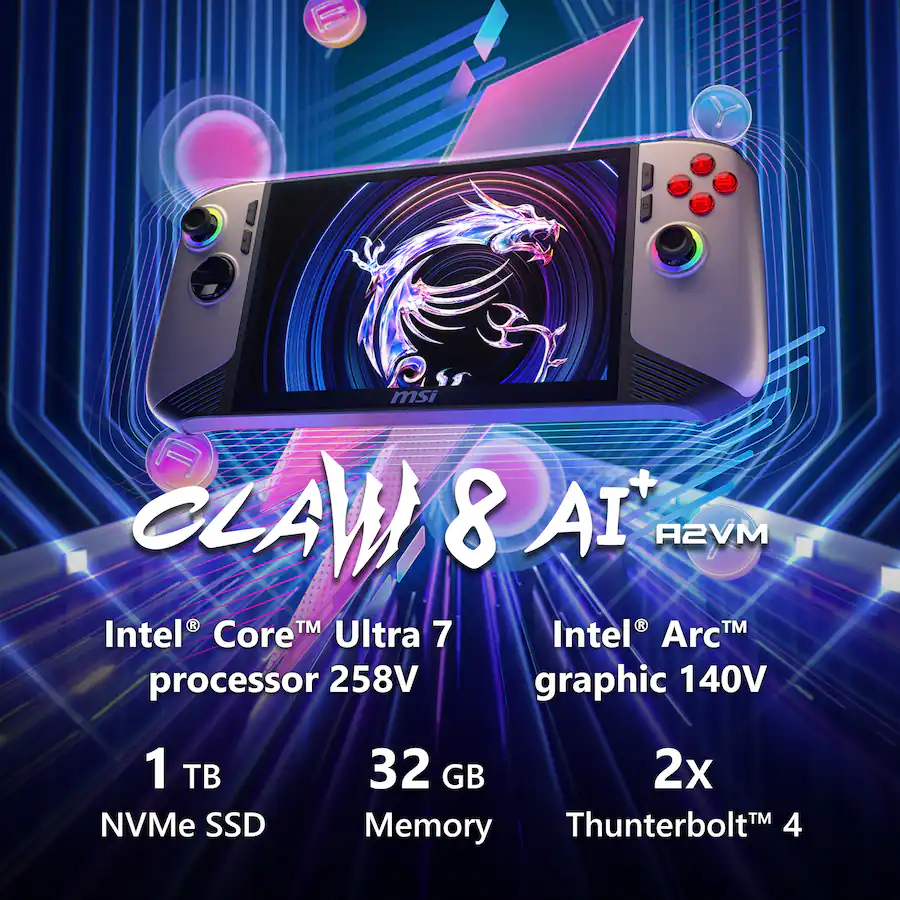MSI Claw 8 AI+ A2VM 8″ Gaming Handheld, 1TB SSD — Black