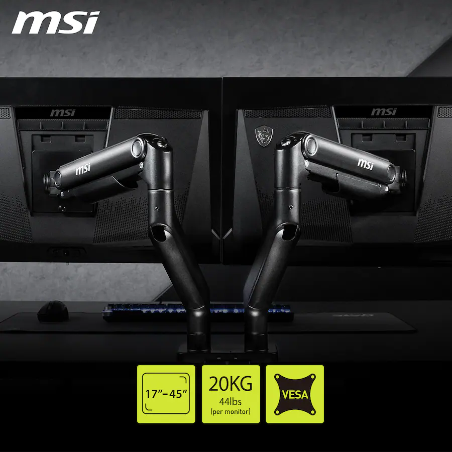 MSI Dual Monitor Mounting Arms Heavy Duty Adjustable Spring Desk Mount 17 to 45 Inch VESA Compatible Matte Black — Matte Black