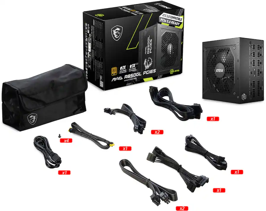 MSI MAG A850GL PCIe5 850W Full Modular ATX 3.1 Ready 80 Plus Gold Power Supply, Black