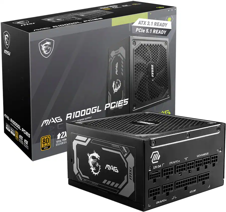 MSI MAG A850GL PCIe5 850W Full Modular ATX 3.1 Ready 80 Plus Gold Power Supply, Black