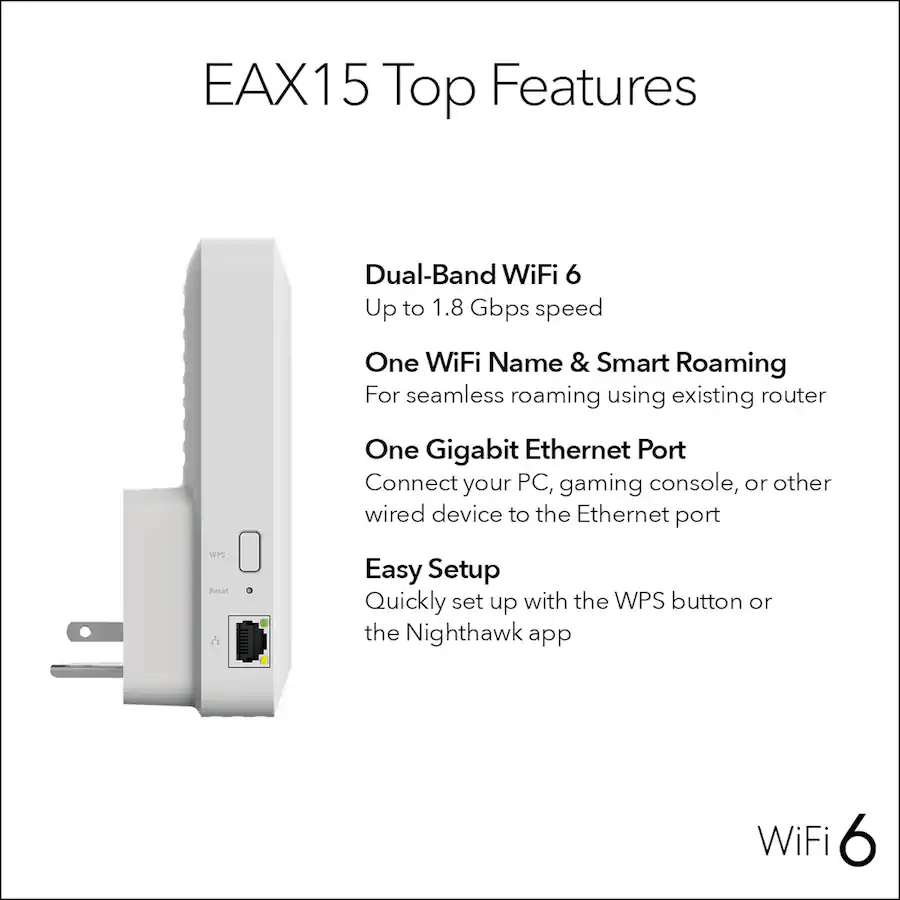 NETGEAR Nighthawk Mesh Wi-Fi 6 Extender EAX15, AX1800 Dual-Band, Covers Up to 1,500 Sq. Ft., White — White