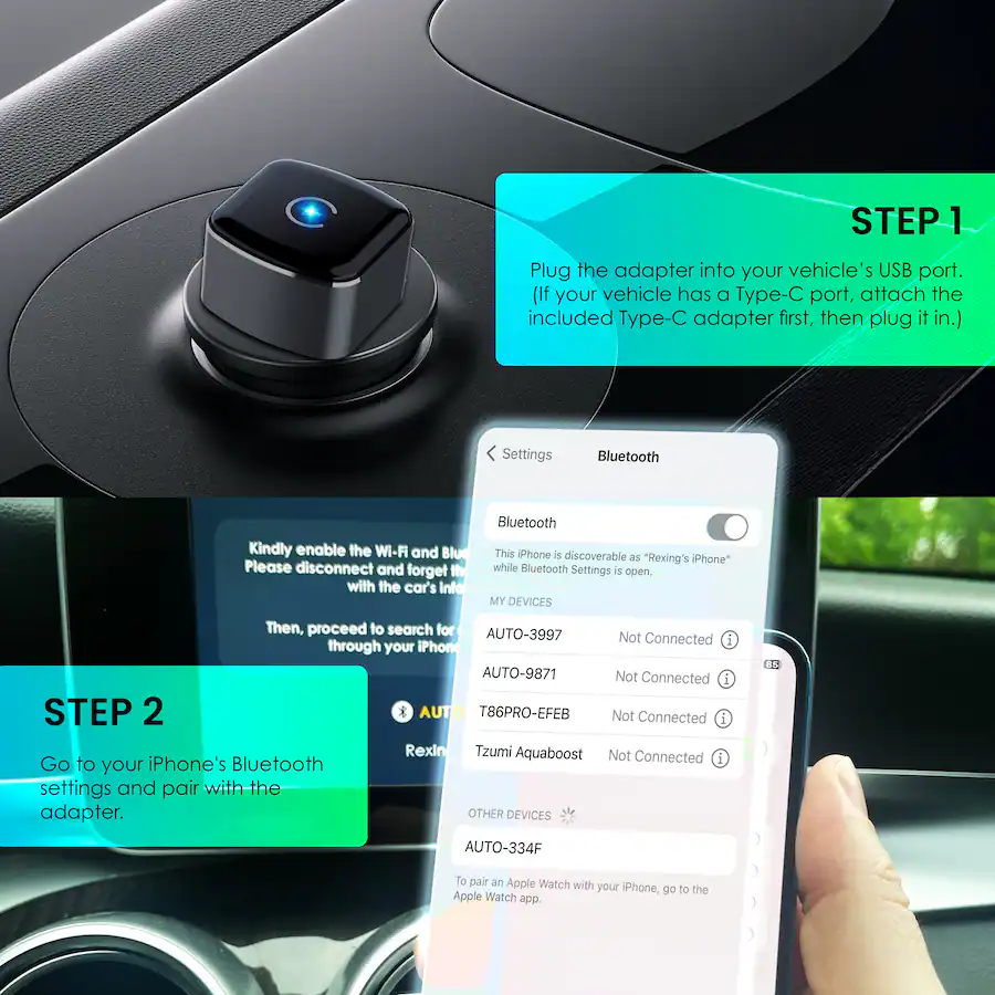 Rexing CPW‑52 Wireless CarPlay & Android Auto Adapter for iPhone (iOS 10+) & Android (Android 11+), Black — Black