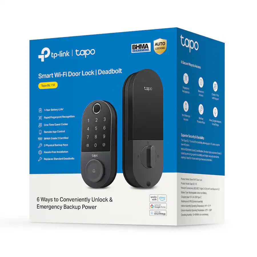 TP Link Tapo DL110 Smart Wi Fi Deadbolt Lock Lock Unlock using Keypad App or Fingerprint Recognition Replaces Most Locks Black — Black