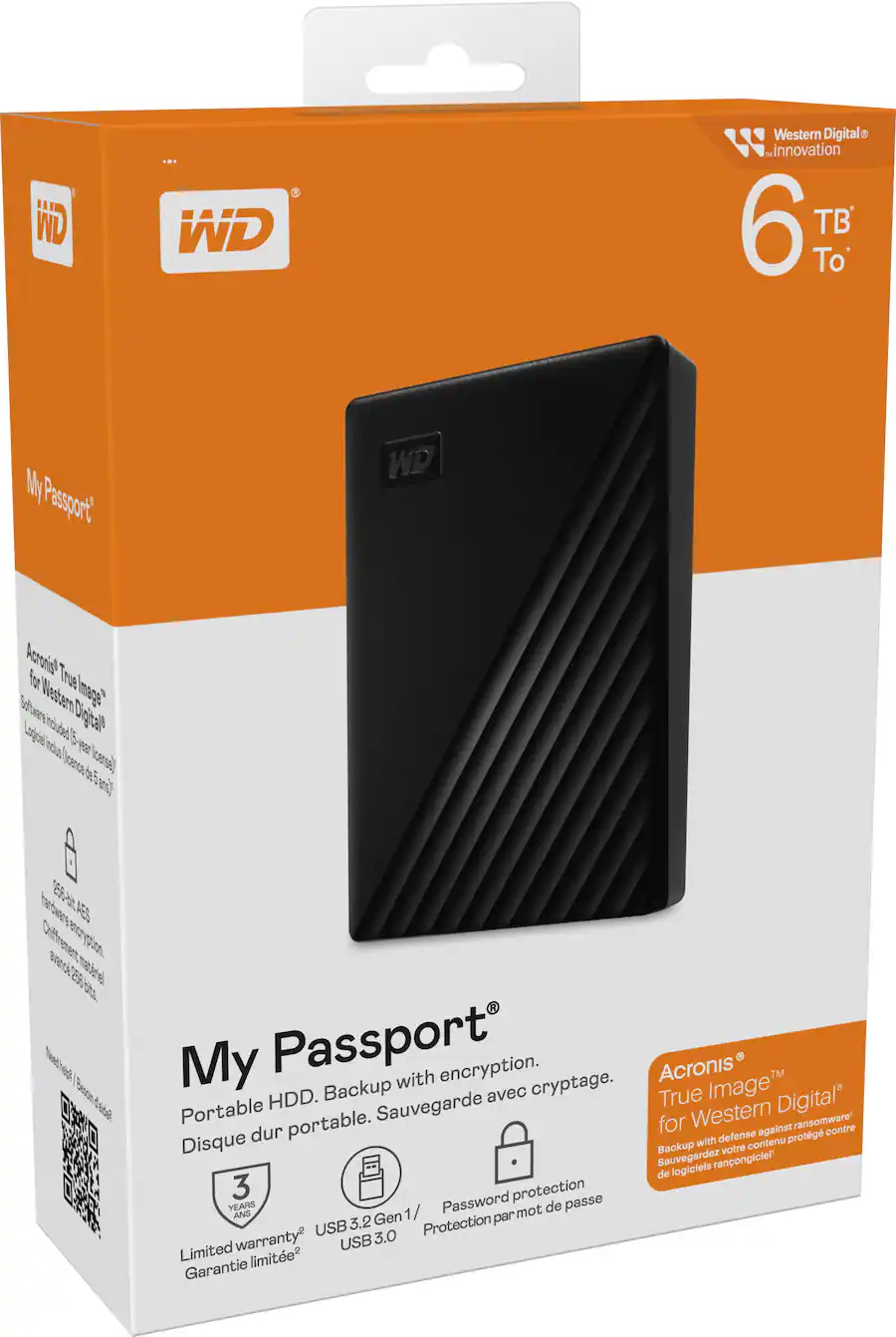 WD My Passport 1TB External USB 3.0 Portable Hard Drive, Black
