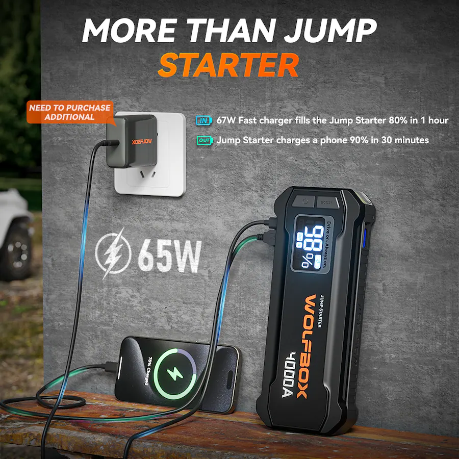 WOLFBOX 4000A Car Battery Jump Starter Portable Battery Booster Fast Charger Jump Box for 10L Gasoline and Diesel Engines Black — Black